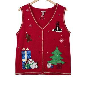 White Stag Red Christmas Applique Embroidered Beaded Sweater Vest (L)